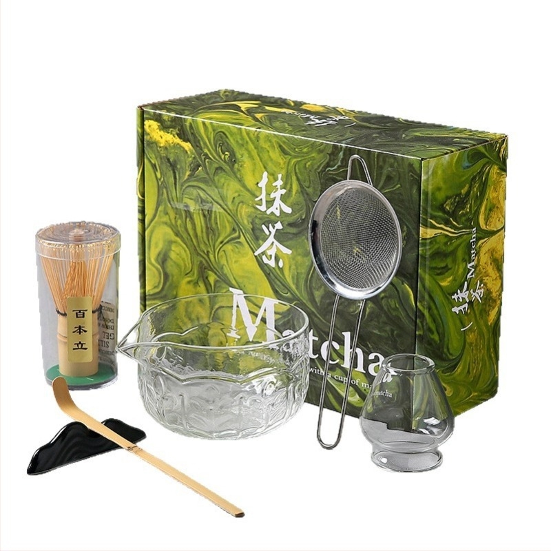 Matcha tál üvegből chasen-nal és állvánnyal, boroszilikát üveg, hőálló, Song dinasztiát idéző japán stílusú teaceremónia készlet