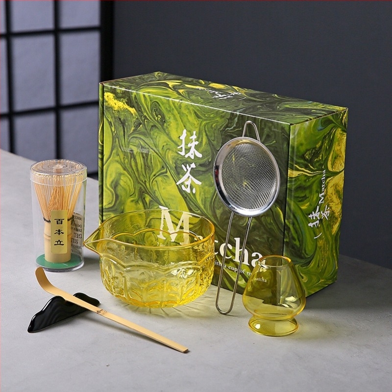 Matcha tál üvegből chasen-nal és állvánnyal, boroszilikát üveg, hőálló, Song dinasztiát idéző japán stílusú teaceremónia készlet