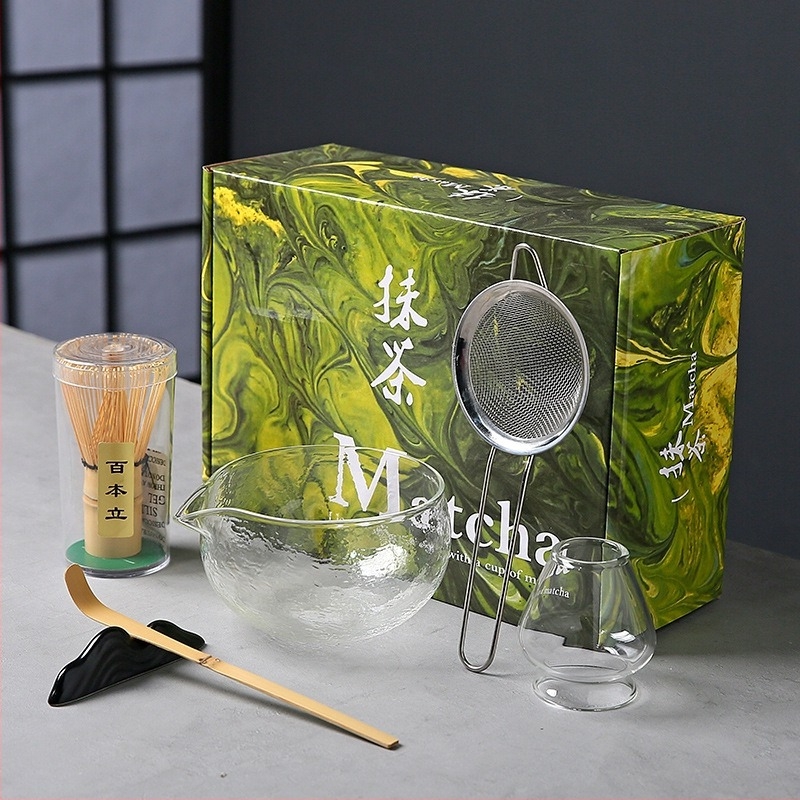 Matcha tál üvegből chasen-nal és állvánnyal, boroszilikát üveg, hőálló, Song dinasztiát idéző japán stílusú teaceremónia készlet