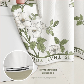 Poliészter zuhanyfüggöny camellia mintával, vízálló, megerősített vastagított kialakítás, fúrás nélküli telepítés