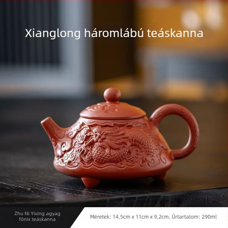 Kézzel készített teáskanna purpura homokból, drakon-relief, Dahongpao és Xishi dizájn, eredeti ásványi agyag, nagy kapacitás, Gongfu teázáshoz