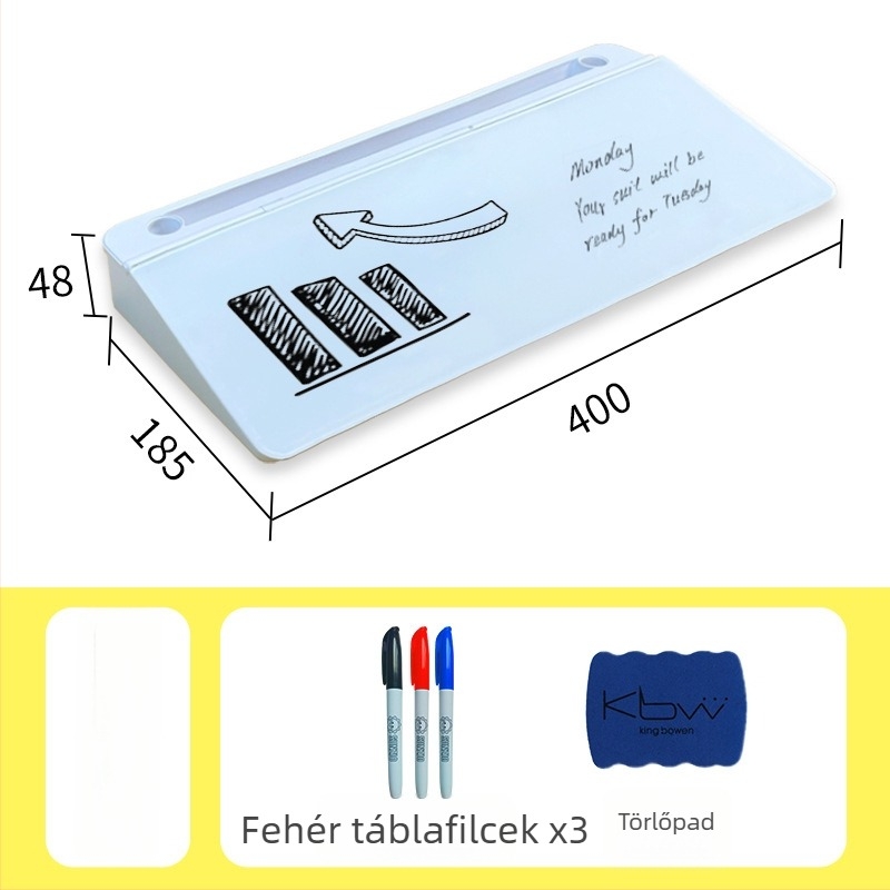 Edzett üveg íróasztali fehér tábla mágneses felülettel, gyerekeknek, tárolóval, törölhető