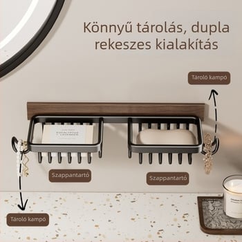 Falra szerelhető szappanbox lefolyóval, lyukasztás nélkül, fürdőszobai tároló a mosdóhoz