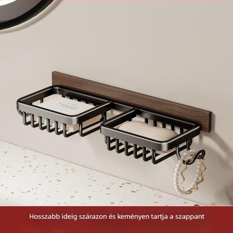 Falra szerelhető szappanbox lefolyóval, lyukasztás nélkül, fürdőszobai tároló a mosdóhoz