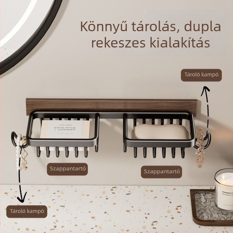 Falra szerelhető szappanbox lefolyóval, lyukasztás nélkül, fürdőszobai tároló a mosdóhoz