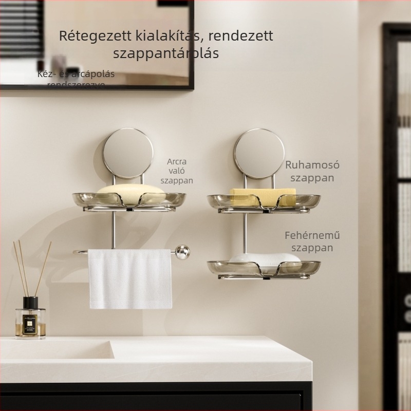 Fali szappantartó szívókoronggal, fúrás nélkül, fürdőszobai lefolyó tálcával
