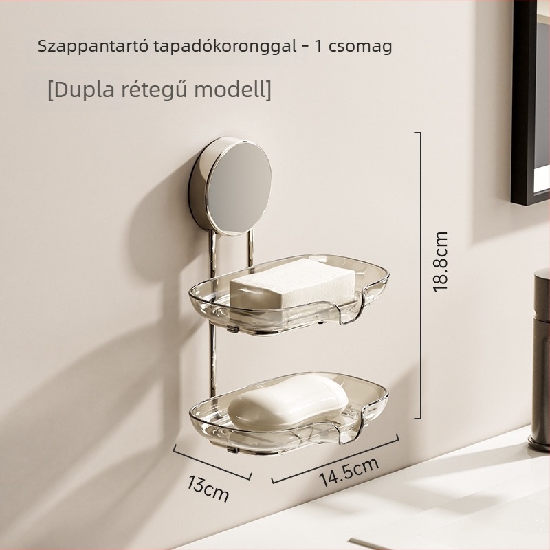 Fali szappantartó szívókoronggal, fúrás nélkül, fürdőszobai lefolyó tálcával