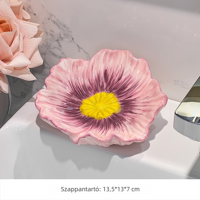 Virágos kerámia szappantál leeresztéssel, fürdőszobába