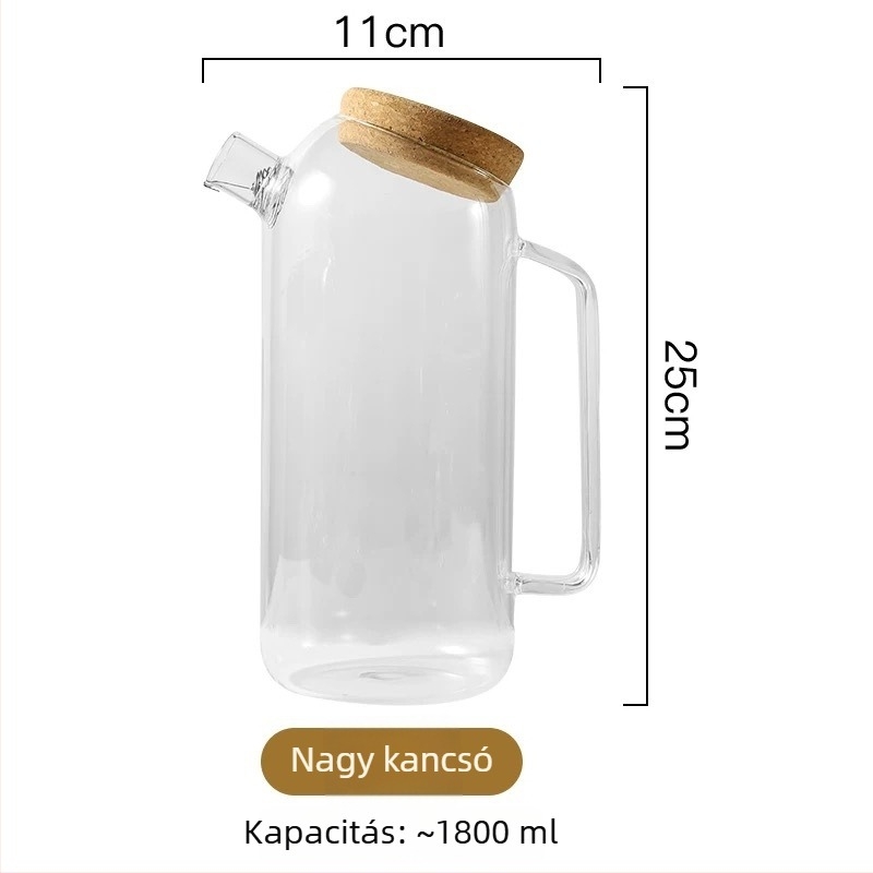 Hidegvíz-kancsó parafadugóval, vastag áttetsző üveg, nagy kapacitású, ideális gyümölcsléhez és teafőzéshez