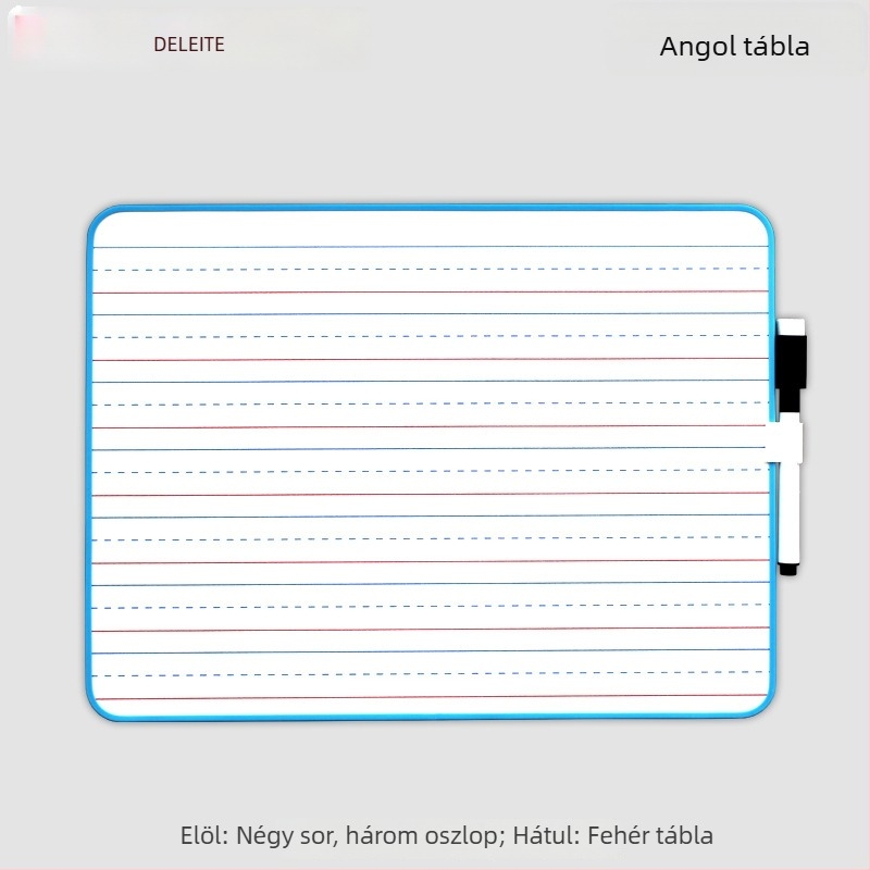 Kétoldalas száraztörölhető fehér tábla, A4 méretben, piros és kék vonalakkal,négy vonal és három rács, írás gyakorlásához