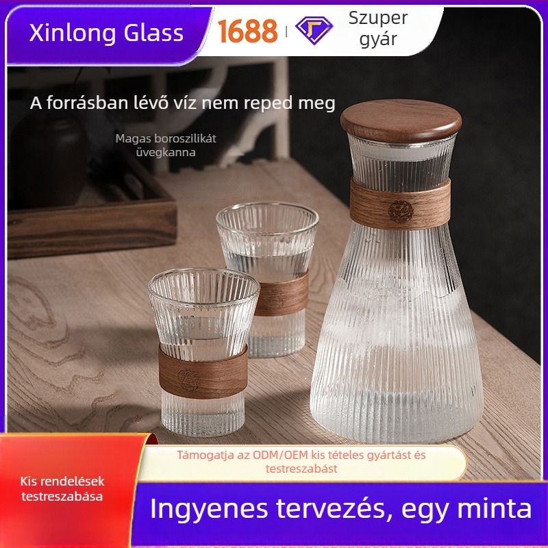 Üveg hidegvíz-kanna, magas hőmérsékletnek ellenálló, nagy kapacitású, gyümölcsléhez és hideg italokhoz, fa gyűrűs pohárral