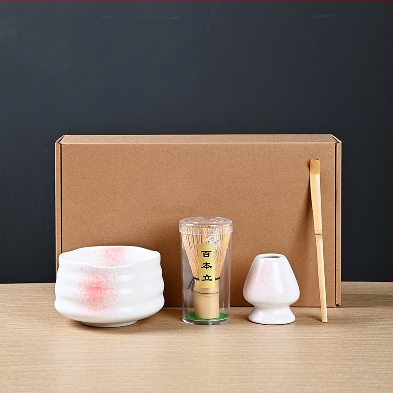 Matcha tál teakeverék bambusszal, fehér bambusz, négy részes készlet dobozban, teázó alátét cseresznyefa motívummal, japán stílus