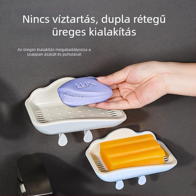 Két rétegű szappantartó lefolyóval, falra szerelhető, fúrás nélkül, aranyos fürdőszobai szappanállvány