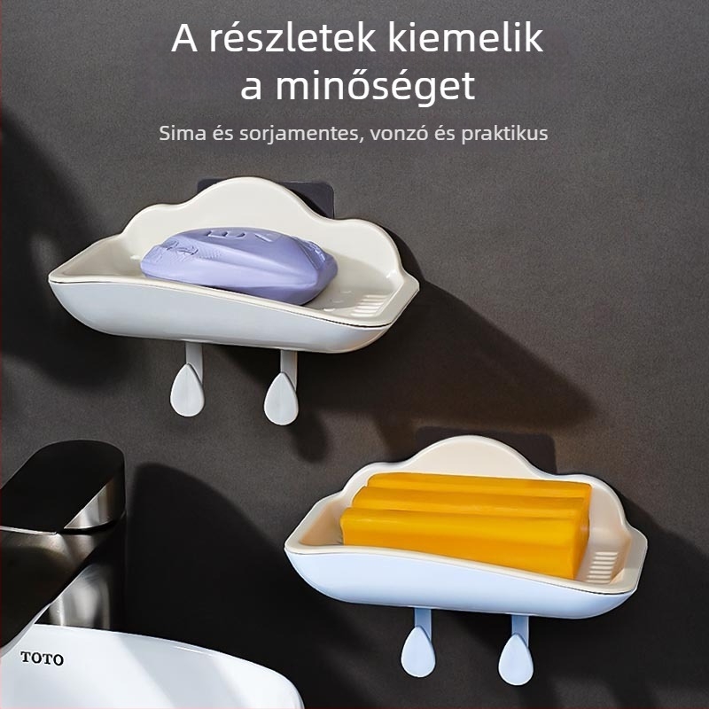 Két rétegű szappantartó lefolyóval, falra szerelhető, fúrás nélkül, aranyos fürdőszobai szappanállvány