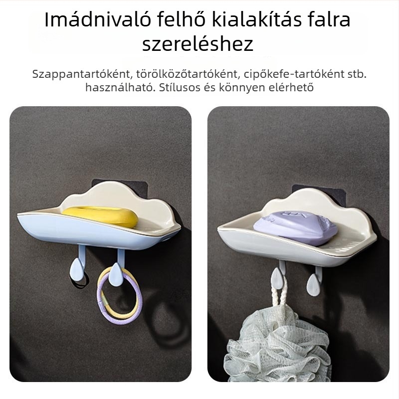 Két rétegű szappantartó lefolyóval, falra szerelhető, fúrás nélkül, aranyos fürdőszobai szappanállvány