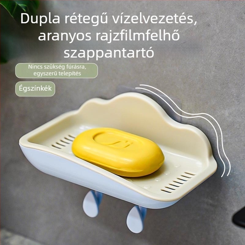 Két rétegű szappantartó lefolyóval, falra szerelhető, fúrás nélkül, aranyos fürdőszobai szappanállvány
