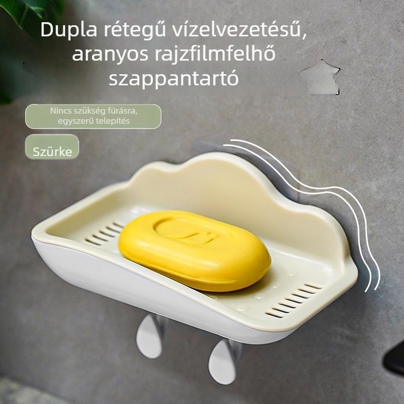 Két rétegű szappantartó lefolyóval, falra szerelhető, fúrás nélkül, aranyos fürdőszobai szappanállvány