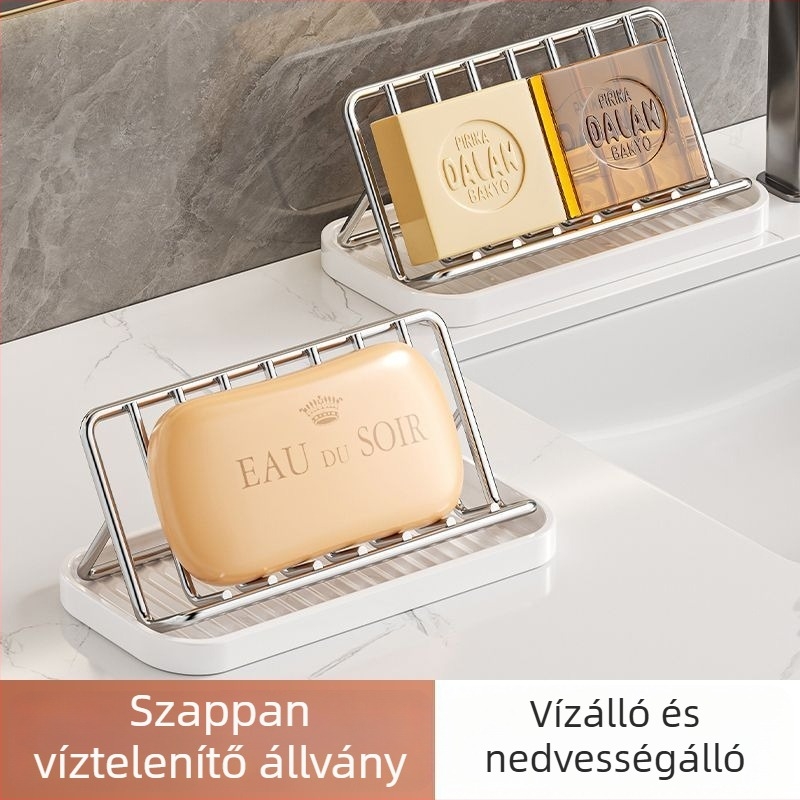 Rozsdamentes acél szappantartó lefolyóval a fürdőszoba és a konyha pultjaira