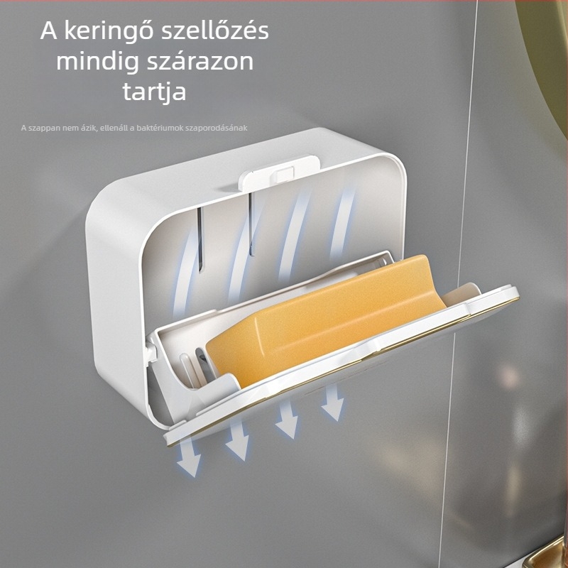 Fali szappontartó fúrás nélkül, vízelvezetővel és fedéllel, dupla rekesz a fürdőszobában