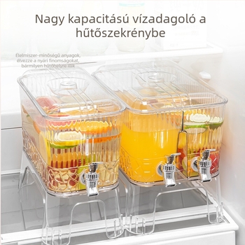 Modern minimalista hidegvíz-kancsó beépített csappal, limonádéhoz és gyümölcsitalokhoz; hűtőbe tehető; műanyag jégkészítő tartóval