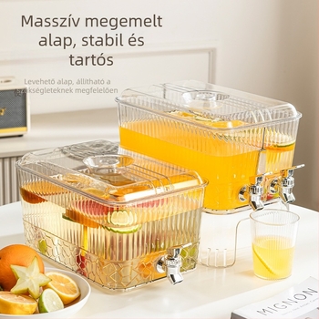 Modern minimalista hidegvíz-kancsó beépített csappal, limonádéhoz és gyümölcsitalokhoz; hűtőbe tehető; műanyag jégkészítő tartóval