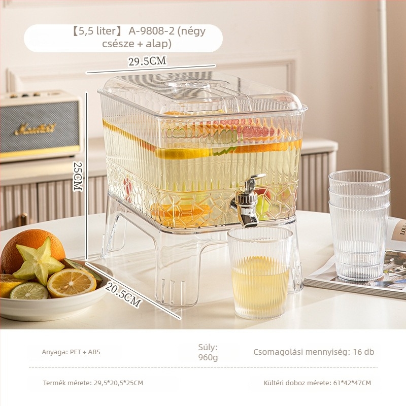 Modern minimalista hidegvíz-kancsó beépített csappal, limonádéhoz és gyümölcsitalokhoz; hűtőbe tehető; műanyag jégkészítő tartóval