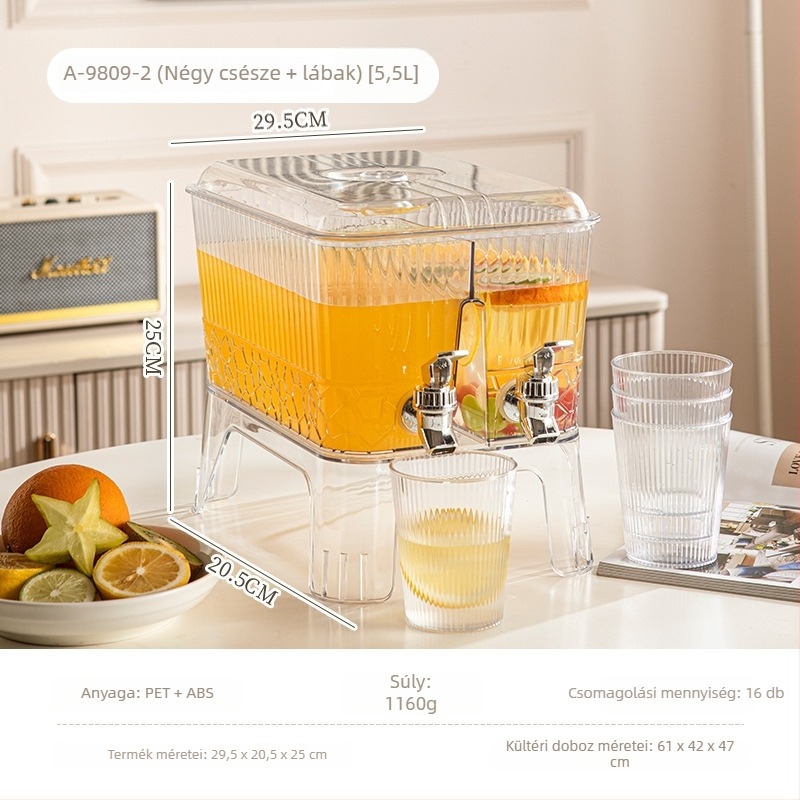 Modern minimalista hidegvíz-kancsó beépített csappal, limonádéhoz és gyümölcsitalokhoz; hűtőbe tehető; műanyag jégkészítő tartóval