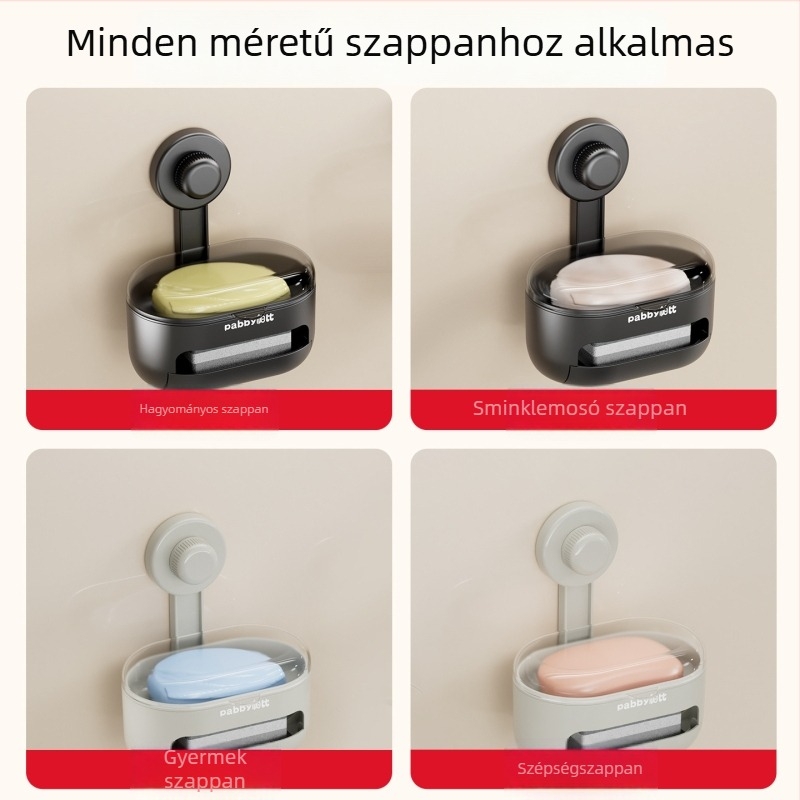 Fedeles falra szerelhető szappantartó, szappan- és szivacs tároló doboz lefolyó tálcával a fürdőszobába