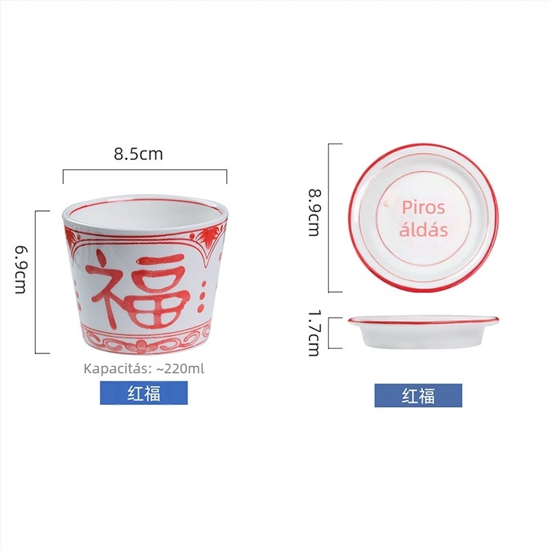 Underglaze színű teáscsésze szerencse jelképével, japán choko-stílusú kék‑fehér saké pohár, porcelán vízcsésze, mestercsésze — könnyű luxus retro