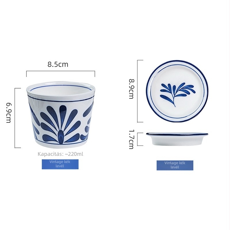 Underglaze színű teáscsésze szerencse jelképével, japán choko-stílusú kék‑fehér saké pohár, porcelán vízcsésze, mestercsésze — könnyű luxus retro