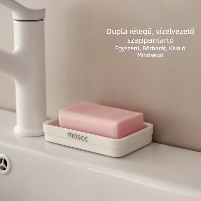 Kétszintes szappantartó lefolyóval, fürdőszobába és mosdóasztalra