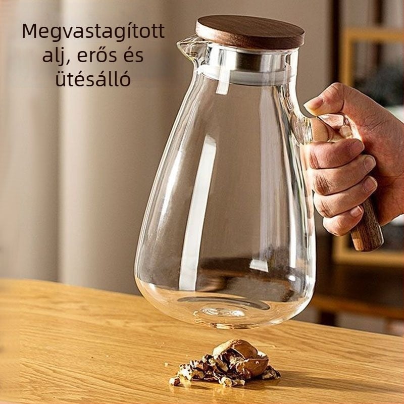 Diófából készült hidegvíz kanna boroszilikát üveggel — hőálló, vendégfogadásra, modern minimalista dizájn