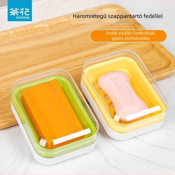 Camellia szappantartó fedéllel, kétszintes, két rekeszes, lefolyónyílásokkal, nagy méretű otthoni fürdőszobához vagy kollégiumhoz