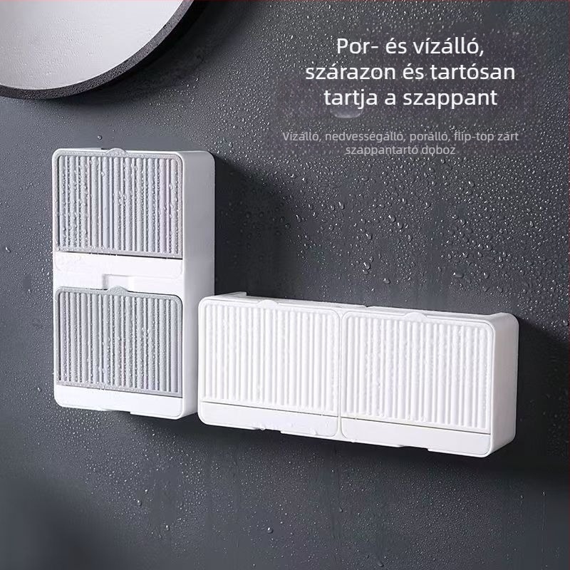 Nagy falra szerelhető szappan tál fedéllel, drenázsos kialakítás, fúrás nélküli szerelés