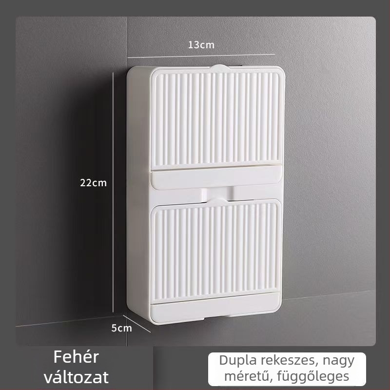 Nagy falra szerelhető szappan tál fedéllel, drenázsos kialakítás, fúrás nélküli szerelés