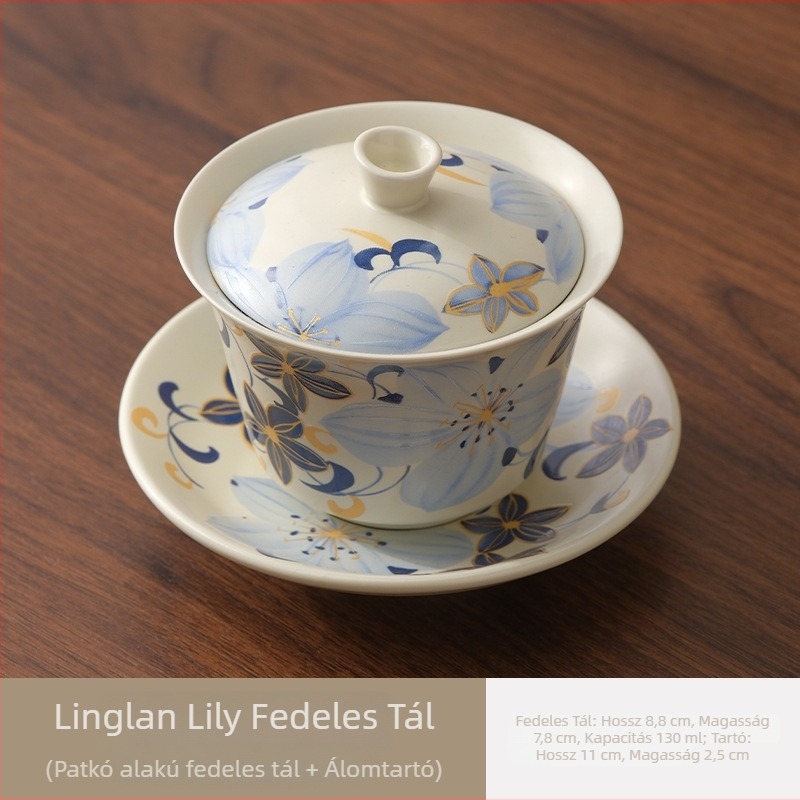 Linglan Lily gaiwan teáscsésze otthonra és irodába, kerámia háromtagú gaiwan kung fu teáskészlet, prémium teás tál
