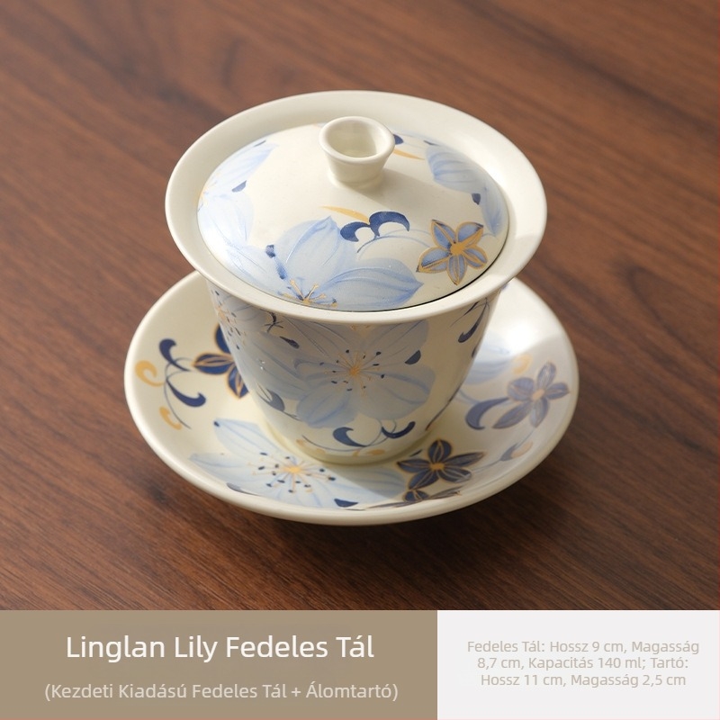 Linglan Lily gaiwan teáscsésze otthonra és irodába, kerámia háromtagú gaiwan kung fu teáskészlet, prémium teás tál