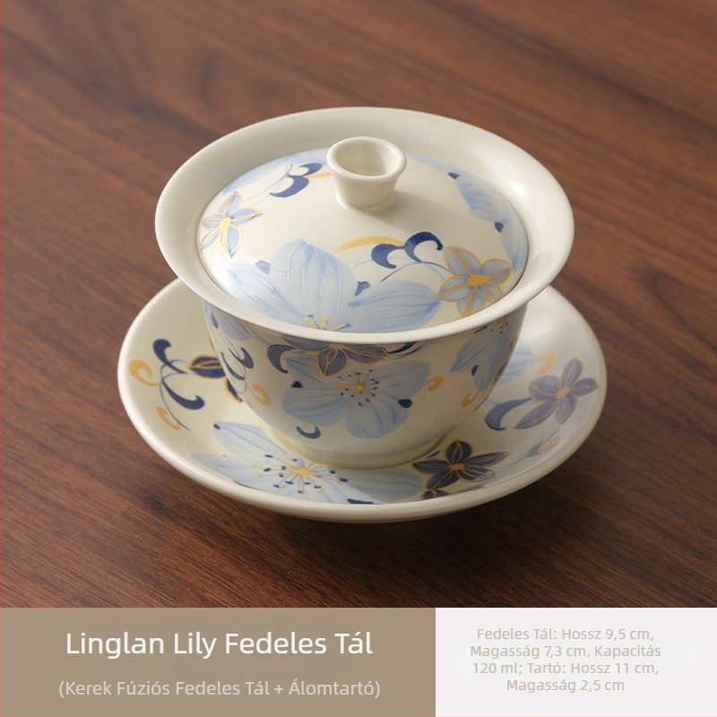 Linglan Lily gaiwan teáscsésze otthonra és irodába, kerámia háromtagú gaiwan kung fu teáskészlet, prémium teás tál