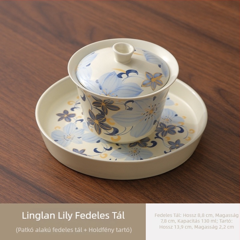 Linglan Lily gaiwan teáscsésze otthonra és irodába, kerámia háromtagú gaiwan kung fu teáskészlet, prémium teás tál