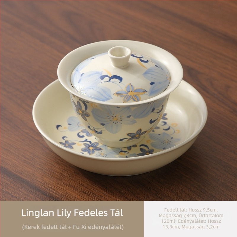 Linglan Lily gaiwan teáscsésze otthonra és irodába, kerámia háromtagú gaiwan kung fu teáskészlet, prémium teás tál