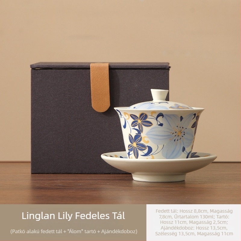 Linglan Lily gaiwan teáscsésze otthonra és irodába, kerámia háromtagú gaiwan kung fu teáskészlet, prémium teás tál