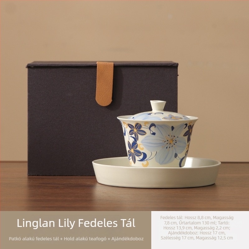 Linglan Lily gaiwan teáscsésze otthonra és irodába, kerámia háromtagú gaiwan kung fu teáskészlet, prémium teás tál