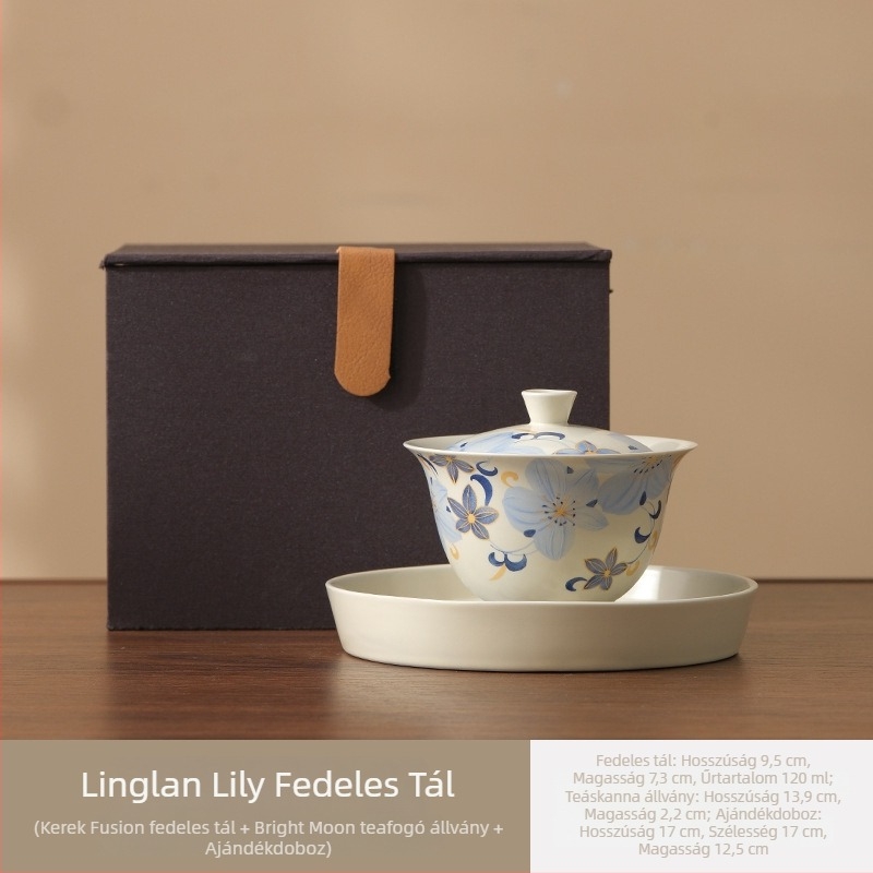 Linglan Lily gaiwan teáscsésze otthonra és irodába, kerámia háromtagú gaiwan kung fu teáskészlet, prémium teás tál
