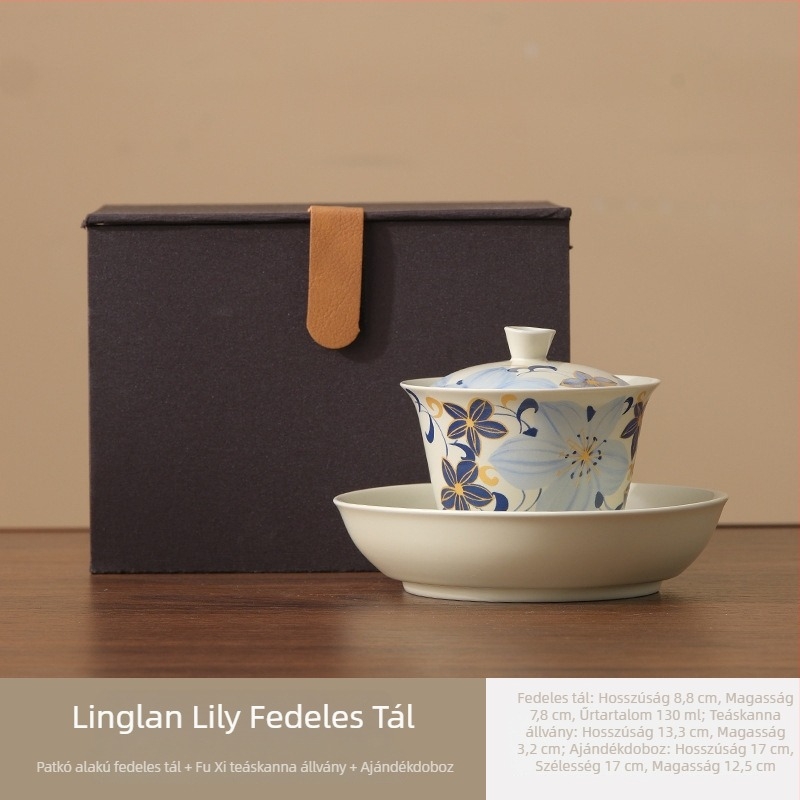 Linglan Lily gaiwan teáscsésze otthonra és irodába, kerámia háromtagú gaiwan kung fu teáskészlet, prémium teás tál