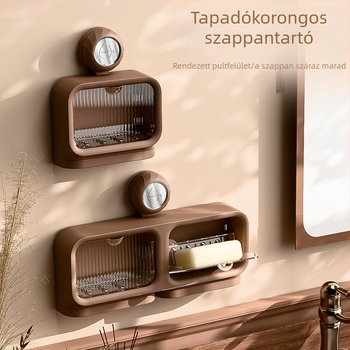 Retro felnyíló szappantartó szívókorongos, falra szerelhető, négyszögletes fürdőszobai rendező vízelvezetéssel
