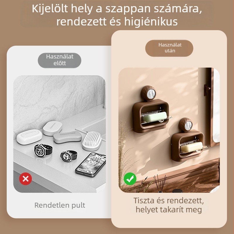Retro felnyíló szappantartó szívókorongos, falra szerelhető, négyszögletes fürdőszobai rendező vízelvezetéssel