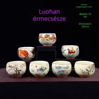 Luo Han teáscsésze, 200 ml bézs porcelán teáscsésze kék-fehér retró mintával, nagy