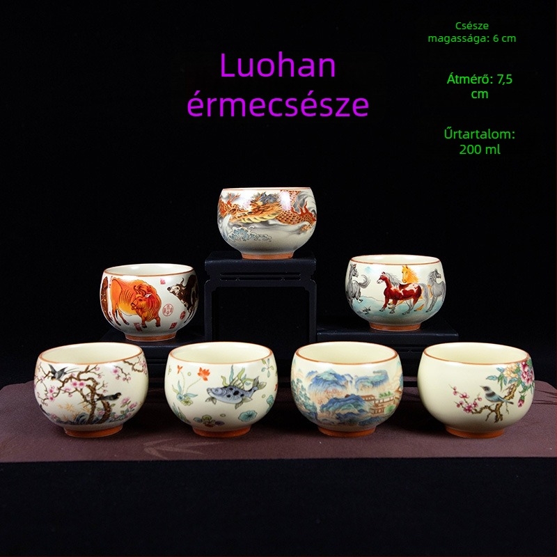 Luo Han teáscsésze, 200 ml bézs porcelán teáscsésze kék-fehér retró mintával, nagy
