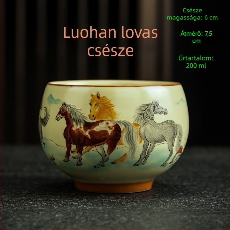 Luo Han teáscsésze, 200 ml bézs porcelán teáscsésze kék-fehér retró mintával, nagy