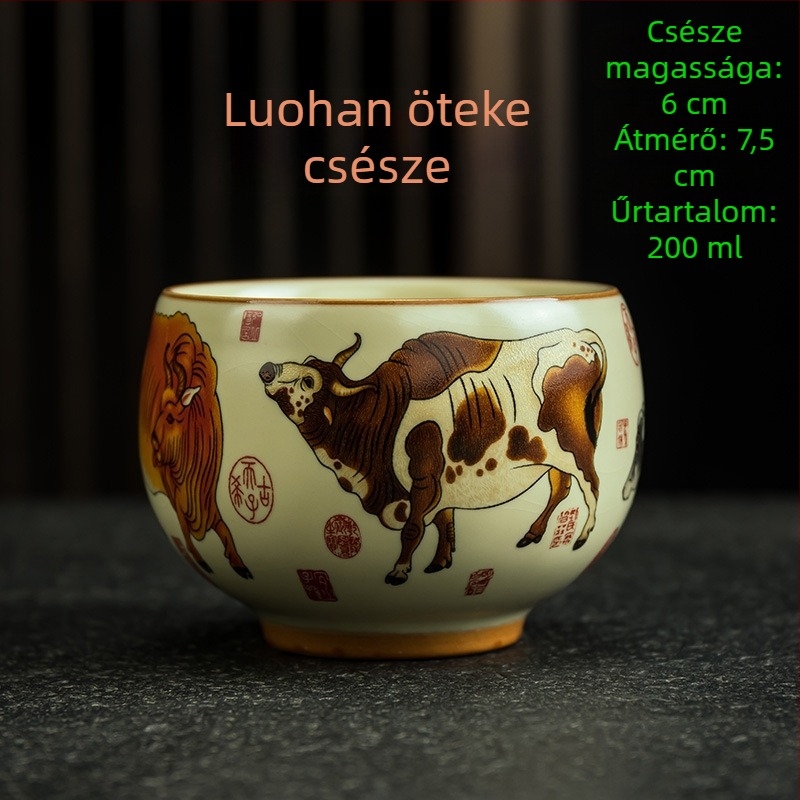Luo Han teáscsésze, 200 ml bézs porcelán teáscsésze kék-fehér retró mintával, nagy